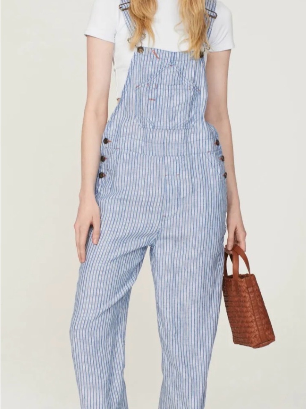 Faherty Light Blue Striped Linen Overalls size medium - Picture 3 of 4